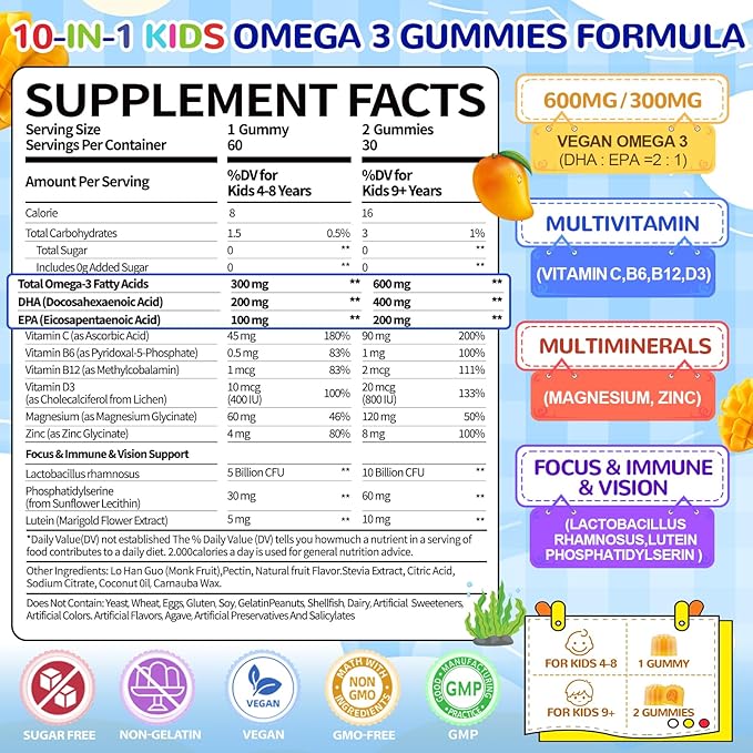 Vegan Omega 3 Gummies for Kids 4+: Natural Omega-3 Fatty Acid Supplement DHA EPA with Vitamin D3 B12 Probiotic Lutein Zinc for Overall Health - No Fish Taste Multivitamin for Kids(60Count)