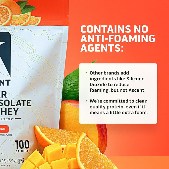 Ascent 100% Clear Whey Protein Powder - Post Workout Zero Artificial Flavors &amp Sweeteners Gluten Free 5.5g BCAA 2.1g Leucine Essential Amino Acids Orange Mango 20 Servings