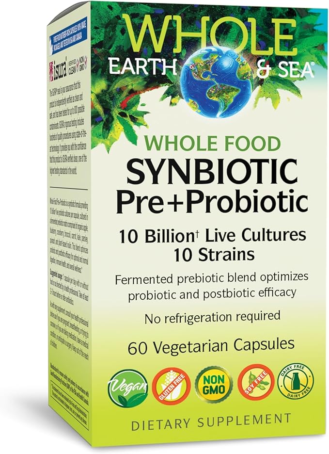 Natural Factors Whole Food Synbiotic Pre+Probiotic 10 Billion - Organic Gut &amp Digestive Health Supplement - Non-GMO Gluten-Free &amp Dairy-Free - 60 Vegetarian Capsules (60 Servings)