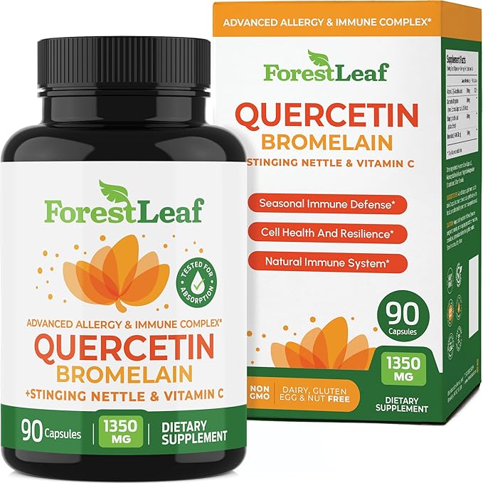 ForestLeaf Quercetin with Bromelain 1350mg - Blend with Vitamin C &amp Stinging Nettle Supplement Quercetin 500mg Capsules Non-GMO Gluten Free Natural Function 90 Veggie Caps