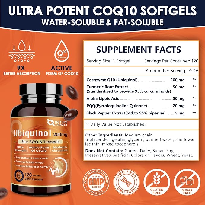 NATURE TARGET Ubiquinol CoQ10 200mg softgels with PQQ &amp Turmeric High Absorption Coenzyme Q10 Supplement with ALA &amp Black Pepper Antioxidant for Heart &amp Brain Health Energy Production