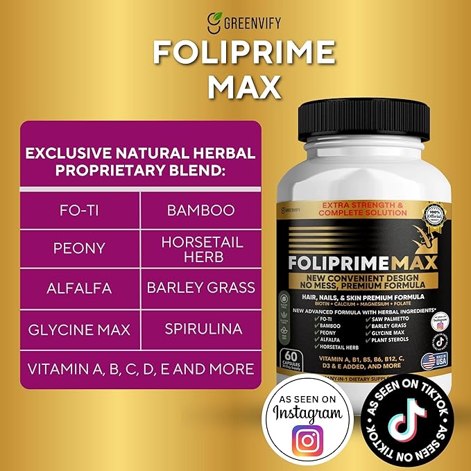 Foliprime Max Hair Nails &amp Skin Supplement with Biotin Vitamins Minerals &amp Herbal Blend 60 Capsules (2)