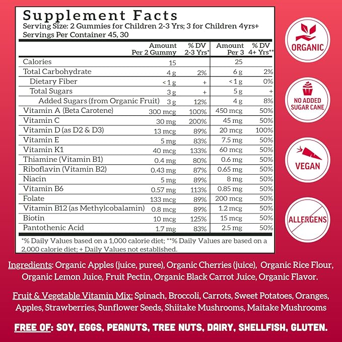 Llama Naturals Kids Multivitamin Gummies | Real Fruit No Added Sugar Cane | Organic Vegan Toddler Whole Food Vitamins | Vitamin D C &amp Beta Carotene Gummy Supplement | Cherry 90 Ct (1-2 Months)
