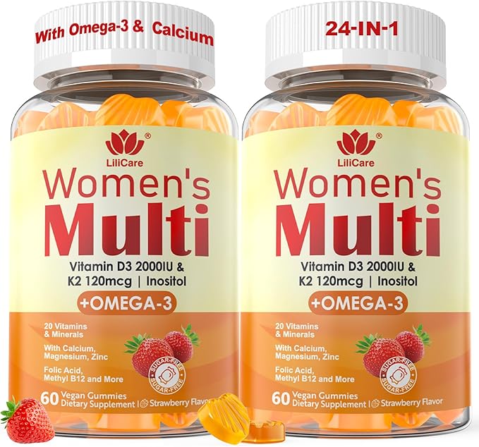 Womens Multivitamin Gummy with Omega 3（DHA/EPA) Vitamin D3 K2 Calcium Inositol Daily Womens Vitamin A C E B Complex L-MethylFolate Methyl B12Sugar Free Methylated Multivitamins Minerals 120Cts