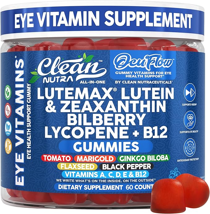 Clean Nutra Lutein and Zeaxanthin Eye Vitamins Gummies + Bilberry for Eyes Vision Support Ginkgo Biloba Marigold Vitamin B12 Flaxseed Black Pepper CoQ10 Vitamin A l 60 Count B OcuFlow