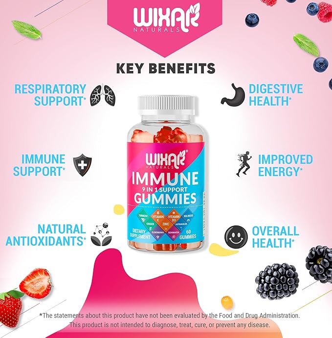 9 in 1 Immune Support Gummies with Elderberry Vitamin C&ampD Zinc Turmeric Ginger Echinacea Astragalus &amp Sea Moss for Immunity Supplement - 60 Gummies