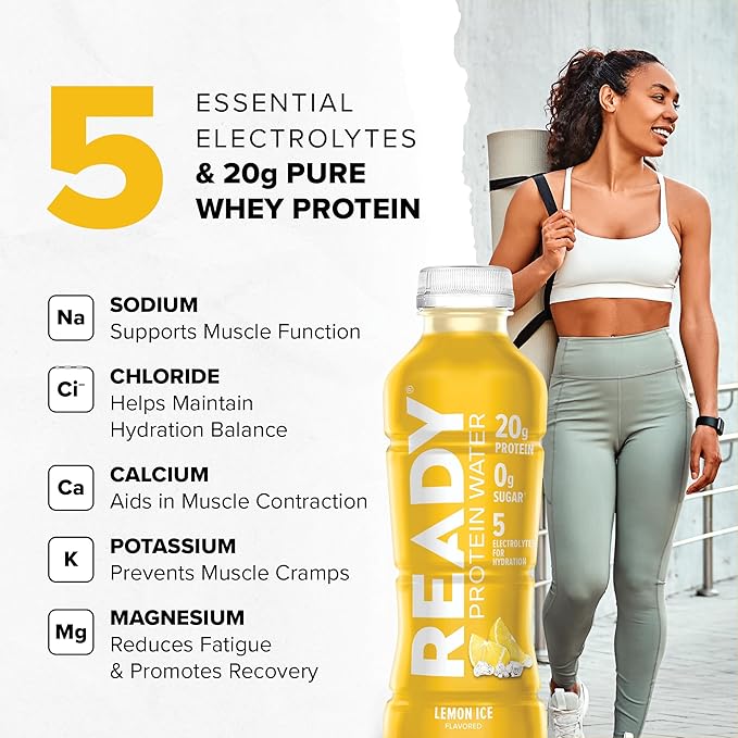 Ready® Clear Protein Water – 20g Whey Protein Isolate Zero Sugar Low-Calorie Sports Drink for Hydration &amp Recovery – Electrolytes Essential Amino Acids – Lemon Ice 16.9 fl oz Bottles (12-Pack)