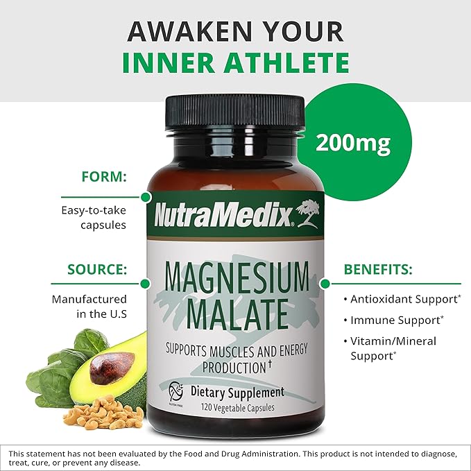 NutraMedix Magnesium Malate Energy Supplements - Bioavailable Magnesium for Sleep Immune Support &amp Joint Health - Vegan Non-GMO &amp Gluten-Free Magnesium Supplements (120 Vegetarian Capsules)