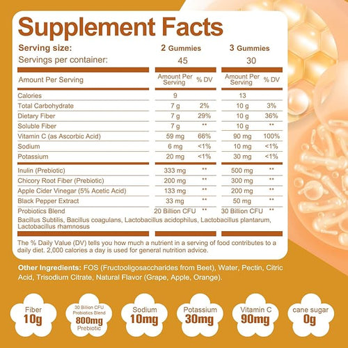 10G Fiber Gummies with Probiotics Fiber Supplement with 30 Billion CFU Probiotics Blend ACV Vitamin C Inulin - Support Digestive Health - No Sugar Added - Fruit Flavored - 90 Count
