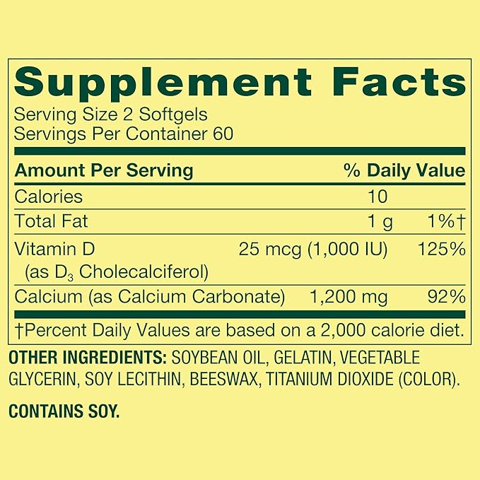 SUREFECT Spring Valley Calcium 600mg + Vitamin D3 1000IU - 120 Rapid-Release Softgels - Bone &amp Teeth Support Organizer.