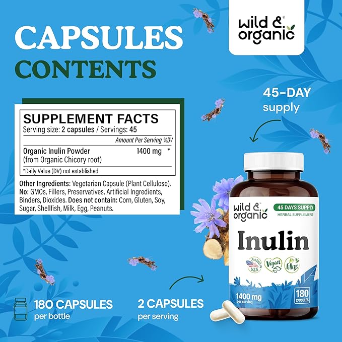 Wild &amp Organic Inulin Capsules 1400 mg - Digestive &amp Gut Support - Chicory Root Inulin Fiber Supplement - Prebiotic Fiber Derived from Chicory Powder - Vegan No Fillers Non-GMO - 180 Count
