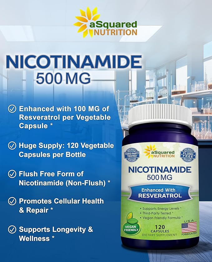 aSquared Nutrition Nicotinamide with Resveratrol - 120 Veggie Capsules - Vitamin B3 500mg (Niacinamide Flush Free) - Supplement Pills to Support NAD Skin Cell Health &amp Energy