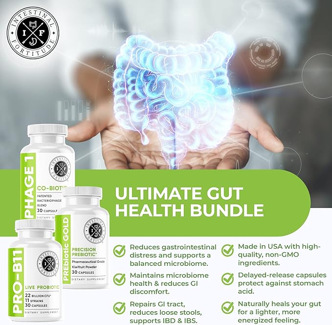 Intestinal Fortitude Gut Health Supplement Bundle - PREbiotic Gold PRO-B11 Phage 1 - w/Gold Kiwifruit Pectin SCFAs and 22 Billion CFU for Microbiome Support Gluten Soy &amp Dairy-Free Capsules