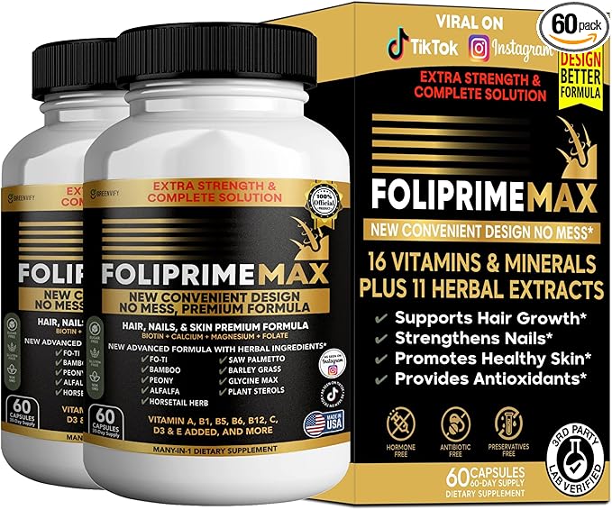 Foliprime Max Hair Nails &amp Skin Supplement with Biotin Vitamins Minerals &amp Herbal Blend 60 Capsules (2)