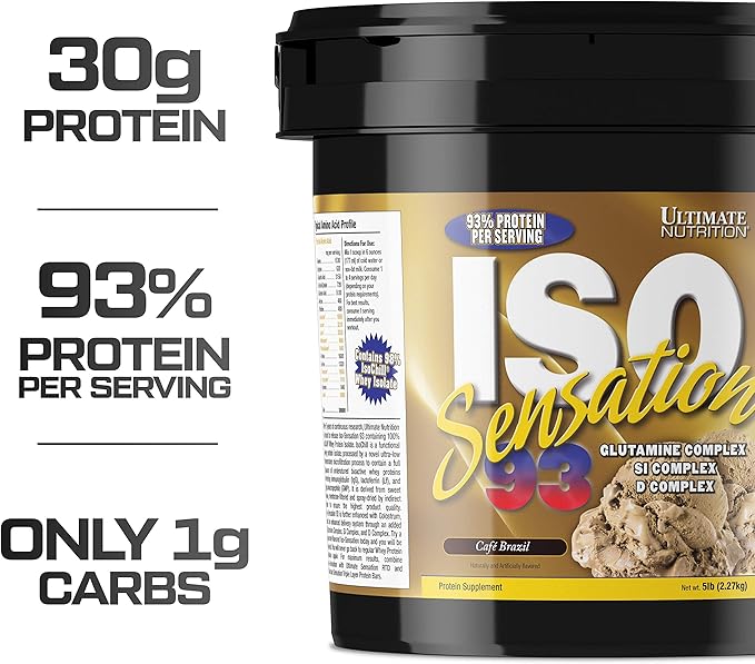 Ultimate Nutrition Iso Sensation 93 with Glutamine Whey Protein Isolate Powder 30 Grams of Protein Low Carb Protein Shakes Keto Friendly 5 Pounds Café Brazil Flavoured