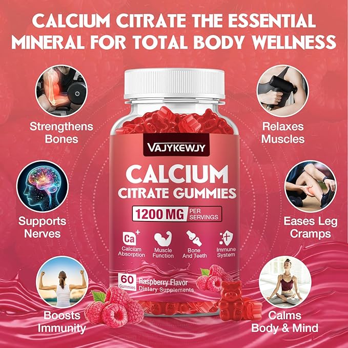 Calcium Citrate Gummies 1200mg for Adults &amp Kids - Bone &amp Teeth Support Easy Absorption Delicious Raspberry Flavor - Non-GMO Gluten Free Vegan - 120 Count