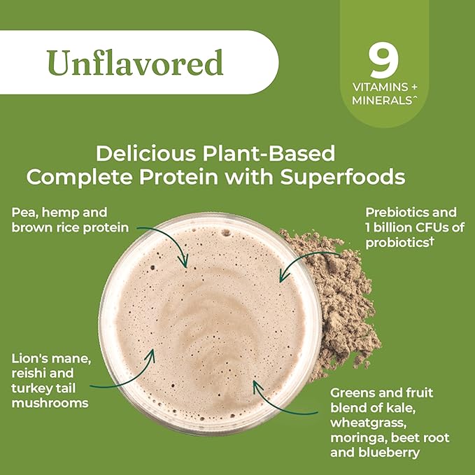 Four Sigmatic Organic Plant-Based Protein Powder | Clean Vegan Protein Elevated with Lion’s Mane Chaga Cordyceps and More for Brain Function and Immune Support | Unflavored 16.9 oz