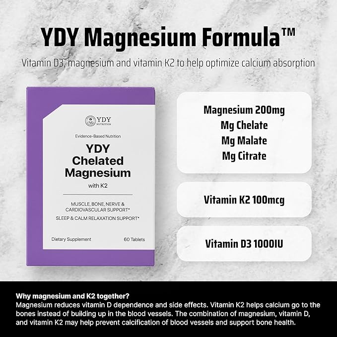 YDY Chelated Magnesium with K2 - Magnesium 200mg Vitamin D3 25mcg K2 100mcg - High Absorption Supports Muscle Bone Nerve Sleep - 60 Tablets