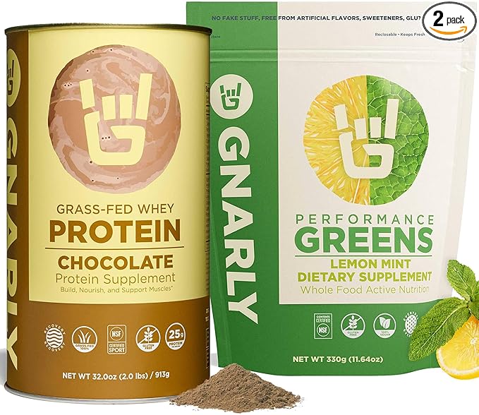 Gnarly Nutrition Performance Greens Lemon Mint (11.64 oz) and Gnarly Whey Grass-Fed Protein Supplement Chocolate (32.0oz)