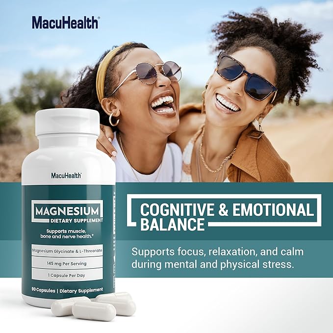 MacuHealth Magnesium Glycinate &amp L-Threonate 145mg - 90 Capsules - Highly Absorbable Magnesium for Energy Calm &amp Focus - Gentle on Stomach Vegan Non-GMO - Premium Chelated Magnesium Supplem