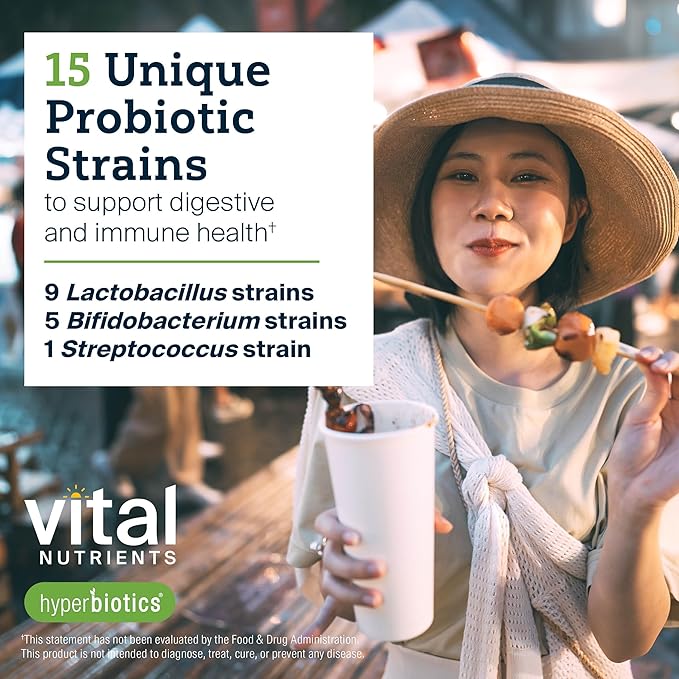 Hyperbiotics Vital Nutrients Pro-15 Advanced Probiotics for Women and Men | 15 Strains + Kiwifruit | Clinically Studied Daily Probiotics for Digestive Health Gas &amp Bloating | 30 Vegan Tablets