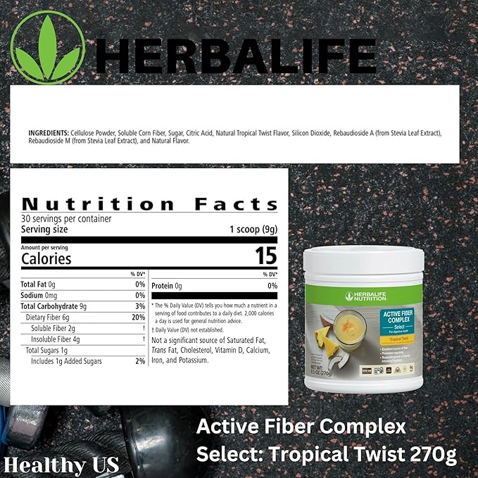 HerbalifeHERBALIFE Active Fiber Complex Select: Tropical Twist 270g for Digestive Health No Artificial Flavors or Sweeteners Gluten-Free Made with Non-GM Ingredients Certified Vegetarian