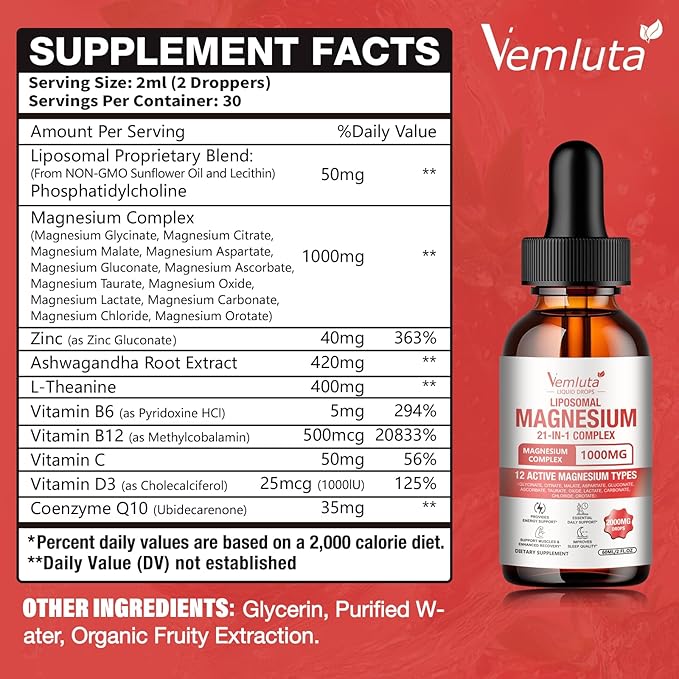 2 Packs 21-in-1 Liposomal 12 Active Magnesium Complex 2000MG+ Liquid Drops - with Magnesium GlycinateCitrate etc Ashwagandha &amp L-TheanineCoQ10 for Mood MuscleHeart &amp Relaxation Nerve* Sup
