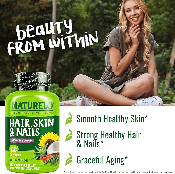 NATURELO Hair Skin and Nails Multivitamin - 60 Capsules and Magnesium Glycinate Chelate Complex - 120 Capsules Bundle