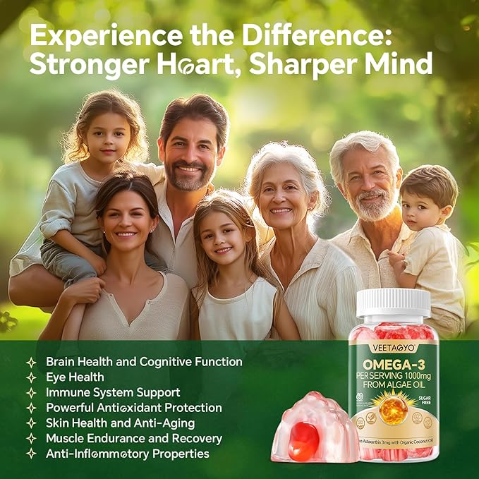 Vegan Omega 3 Gummies 1200mg - Dual Layer - Fish Oil Alternative Marine Algae Omega 3 Supplement DHA 600mg EPA 400mg with AstaxanthinSugar Free60 Cts