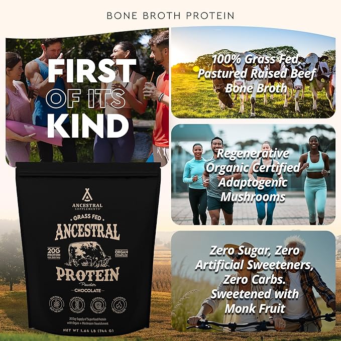 Ancestral Supplements Grass Fed Protein Powder Chocolate Beef Bone Broth Based w/Beef Organs &amp Organic Mushrooms Gut Health Support High Protein Supplement 20g Protein Per Serving 30 Day Sup