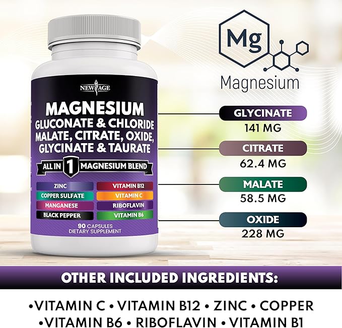 NEW AGE Magnesium Supplement -Powerful Glycinate Citrate Malate Oxide Taurate Aspartate Gluconate Orotate &amp Mag Chloride Manganese Bone Health and Bone Strength Joint Support - 90 Count
