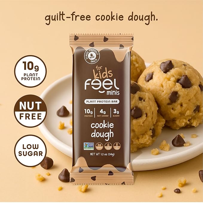 Feel Bar Minis – Kids Protein Bars | Cookie Dough – 12 Pack | 10g Plant Protein | 100 Calories | No Added Sugar | + Daily Veggies | Gluten Free No Nuts No Soy No Dairy No Grains