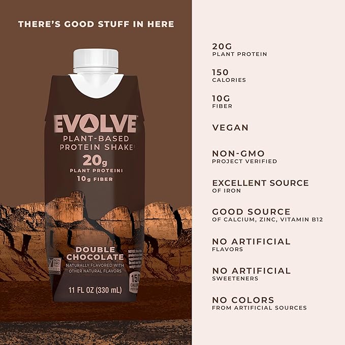 Evolve Plant Based Protein Shake Double Chocolate 20g Vegan Protein Dairy Free No Artificial Sweeteners Non-GMO 10g Fiber 11 Fl Oz (Pack of 12) - (Formula May Vary)