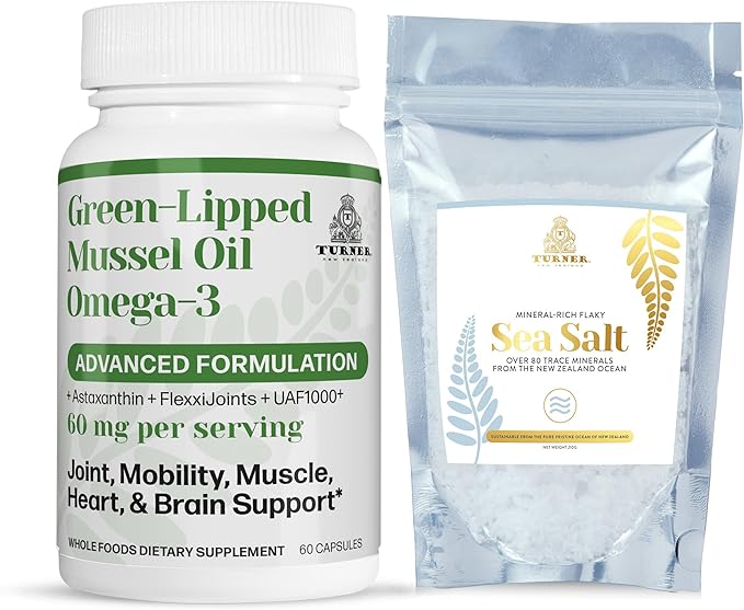 TURNER New Zealand Omega-3 Green Lipped Mussel Oil 53x Higher Potency for Superior Joint Comfort &amp Mobility No Fishy Aftertaste 1 Bottle 60 Softgels Plus 1 Pouch of Flaky Sea Salt