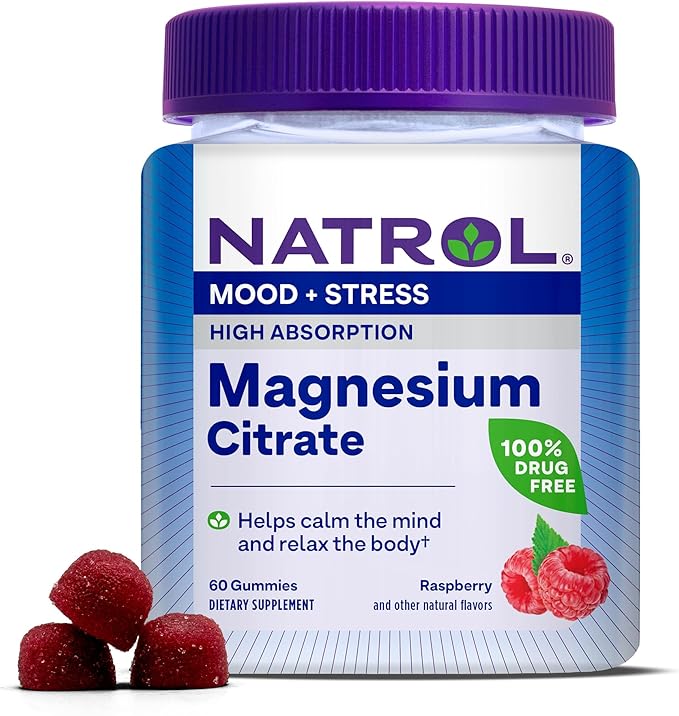 Natrol Magnesium Citrate High Absorption Magnesium Supplement for Mood and Stress Helps Calm The Mind and Relax The Body 60 Raspberry-Flavored Gummies Up to a 30 Day Supply