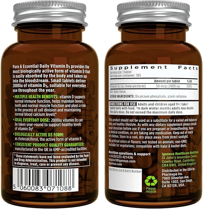 Daily Vitamin D3 + Zinc Complex Vegetarian Bundle 365 2000iu Vitamin D3 Tablets + 25mg Chelated Zinc Picolinate &amp Bisglycinate with Copper by Igennus