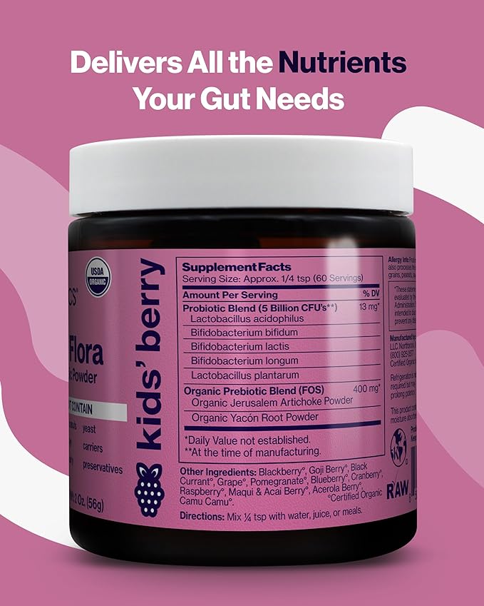 SUNBIOTICS Friendlier Flora - Kids Prebiotic and Probiotic Powder Supplement with 5 Billion CFUs of 5 Probiotic Strains for Good Gut Flora Immune System &amp Balanced Microbiome - Berry (Pack of 2