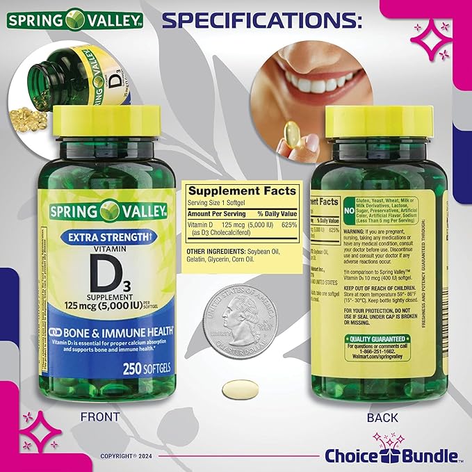 Spring Valley Vitamin D3 Softgels 125 mcg 5000 IU 250 Ct 4 pk (1000 Total) + Vitamin Vitality &amp Pill Container (6 Items)!