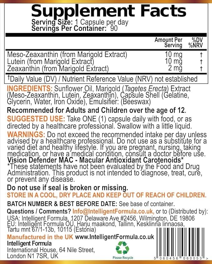 Vision Defender MAC Eye Supplement: Lutein Zeaxanthin &amp Meso-Zeaxanthin Triple Antioxidant Carotenoids for Eye Health and Eyesight (90 Capsules/One Capsule Daily) Made in UK