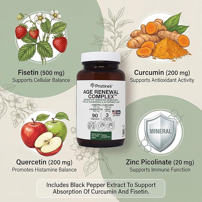PRISTINE'S Senolytic Anti Aging &amp Autophagy Aid Age Renewal Complex - Senescent Cell Removal Support - Fisetin Quercetin Curcumin Zinc - Gluten Free Non-GMO Vegan USA Made