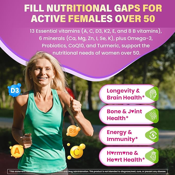 Multivitamin for Women 50 Plus Gummies Vegan Omega 3 Methylfolate Calcium D3 K2 CoQ10 Daily Vitamin A C E Methylated B12 Biotin B Complex Zinc - Bone Energy Longevity - Sugar Free 60Count