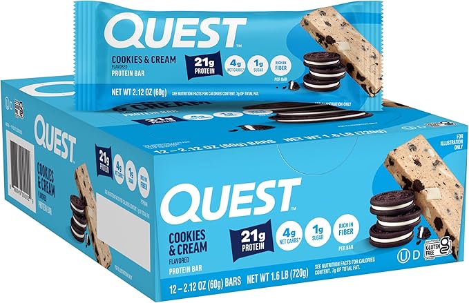 Quest Nutrition Cookies &amp Cream Protein Bars 21g Protein 1g Sugar 4g Net Carb High Fiber Gluten Free Keto Friendly 12 Count