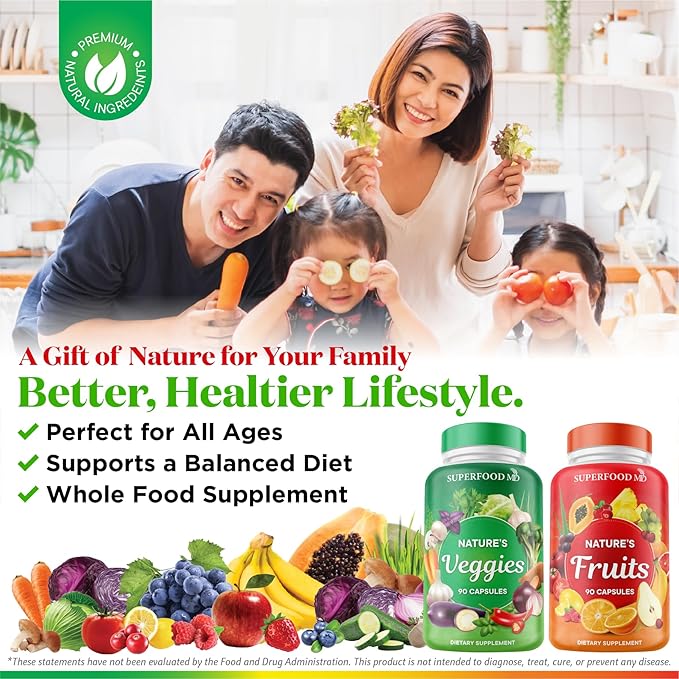 Superfood 180 Fruit and 180 Veggie Capsules - Whole Food Natural Superfoods - Maintain Energy Levels with Beta Carotene - Soy Free (90 Count (Pack of 4)