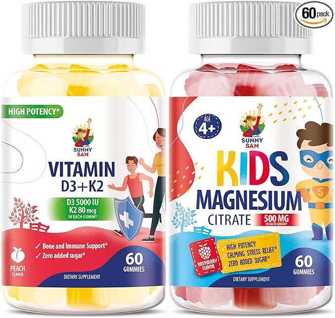 Magnesium Gummies for Kids &amp Vitamin D3 K2 Gummies 5000 IU - Immune &amp Bone Support - Sugar-Free Vitamin D Gummy Supplement - High-Absorption Vegan Gluten-Free Gummies for Adults
