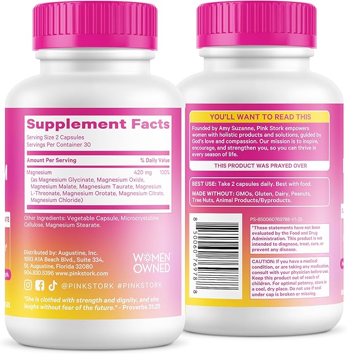 Pink Stork Magnesium Complex for Women - 8 Forms Including Glycinate Malate Citrate &amp L-Threonate - Stress Sleep Muscle &amp Hormone Support - 400 mg Elemental Magnesium - 60 Vegan Capsules