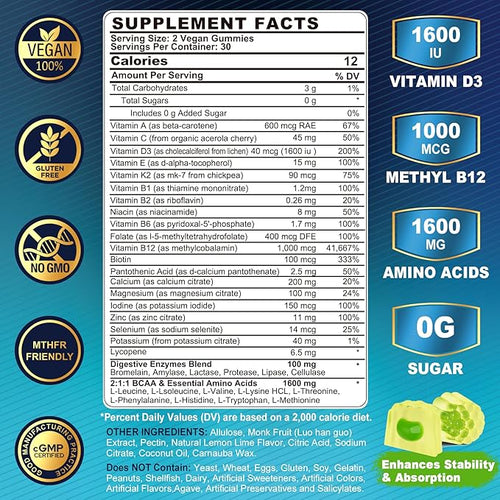 2 Pack Methylated Multivitamin for Men Gummies BCAA Amino Acids Zinc Biotin Vitamin A C E D3 K2 B Complex Calcium Magnesium Lycopene Digestive Enzymes - Energy Muscle Immune - Sugar Free Vegan