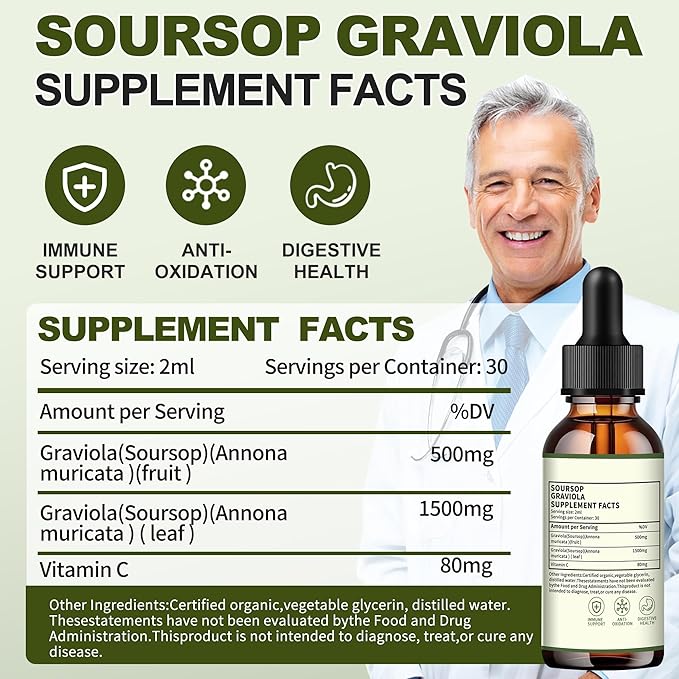 (2 Pack) Soursop Graviola Liquid Drops 2000mgImmune BoostCell Support &amp RegenerationNatural AntioxidantSoursop Bitters LiquidSoursop Extract - 98% Sugar/Gluten Free Natural Flavor 4 Fl Oz