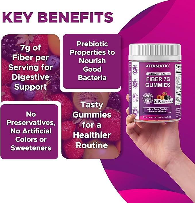 Vitamatic Prebiotic Fiber Gummies for Adults 7G Extra Strength Zero Sugar Added 240 Pectin Based Gummies Digestive Health &amp Regularity Support