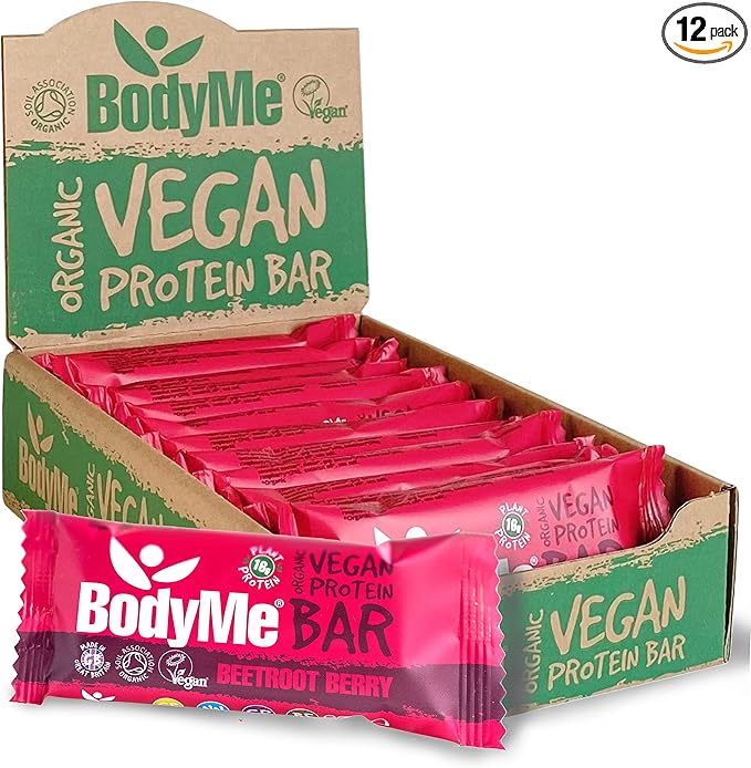 BodyMe Organic Vegan Protein Bar | Raw Beetroot Berry | Box of 12 x 2.12oz (60g) | with 3 Plant Proteins