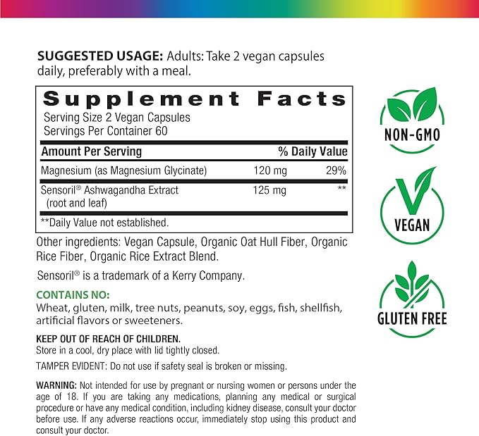 Rainbow Light Magnesium Glycinate + Ashwagandha | 120 Capsules | Dual Action Complex | Vegan Non-GMO and Gluten Free